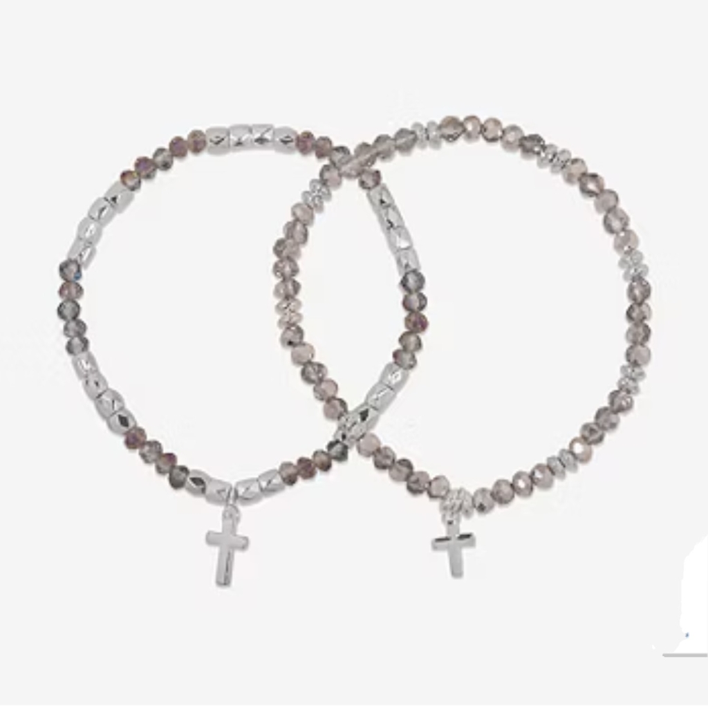Nwt Bijoux Bar 2 Pc Cross Silver Stretch Bracelet Set